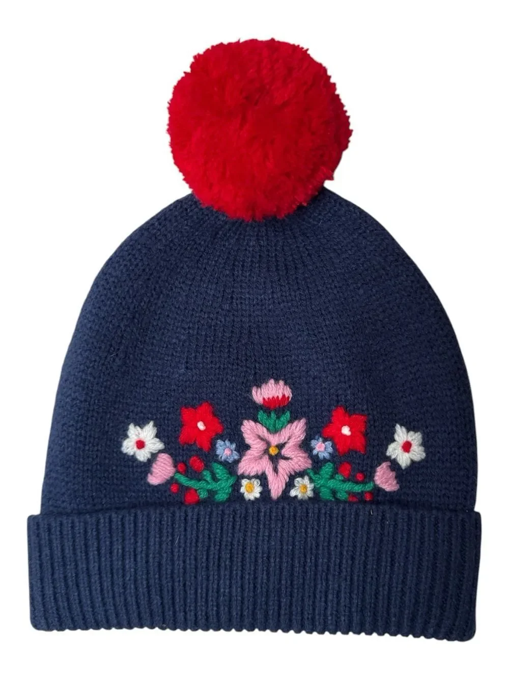 Mini Boden Navy Knit Beanie with Red Pom & Floral Embroidery. Size 2-4 years.